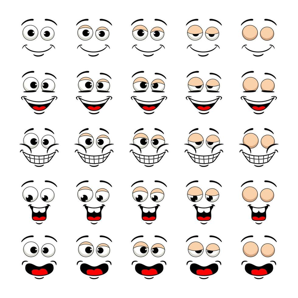 Cartoon face and blink eye animation. Vector funny characters smiling facial expression with admiration movement sprite sheet