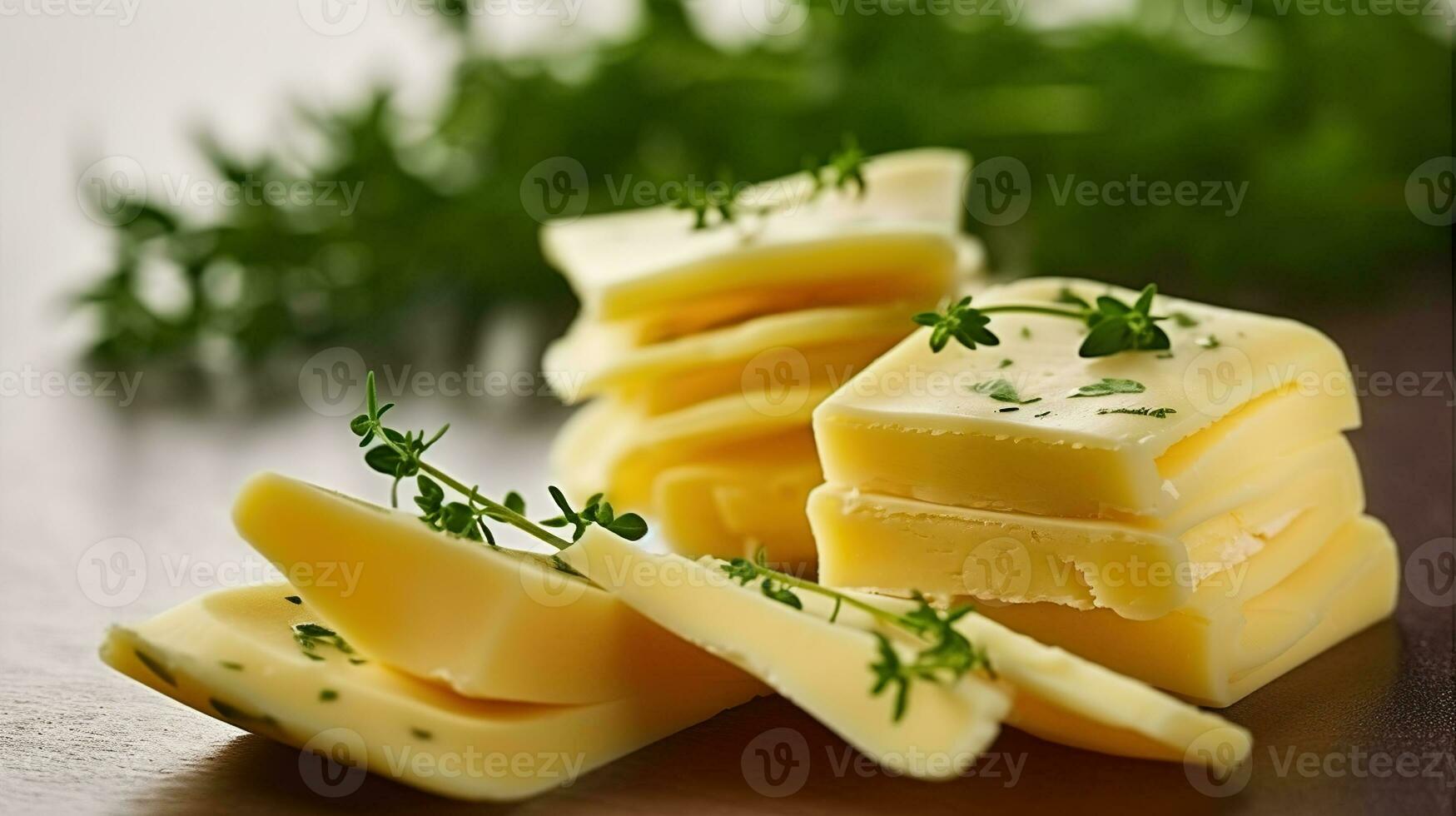 queso rebanadas con Fresco hierbas, generativo ai foto