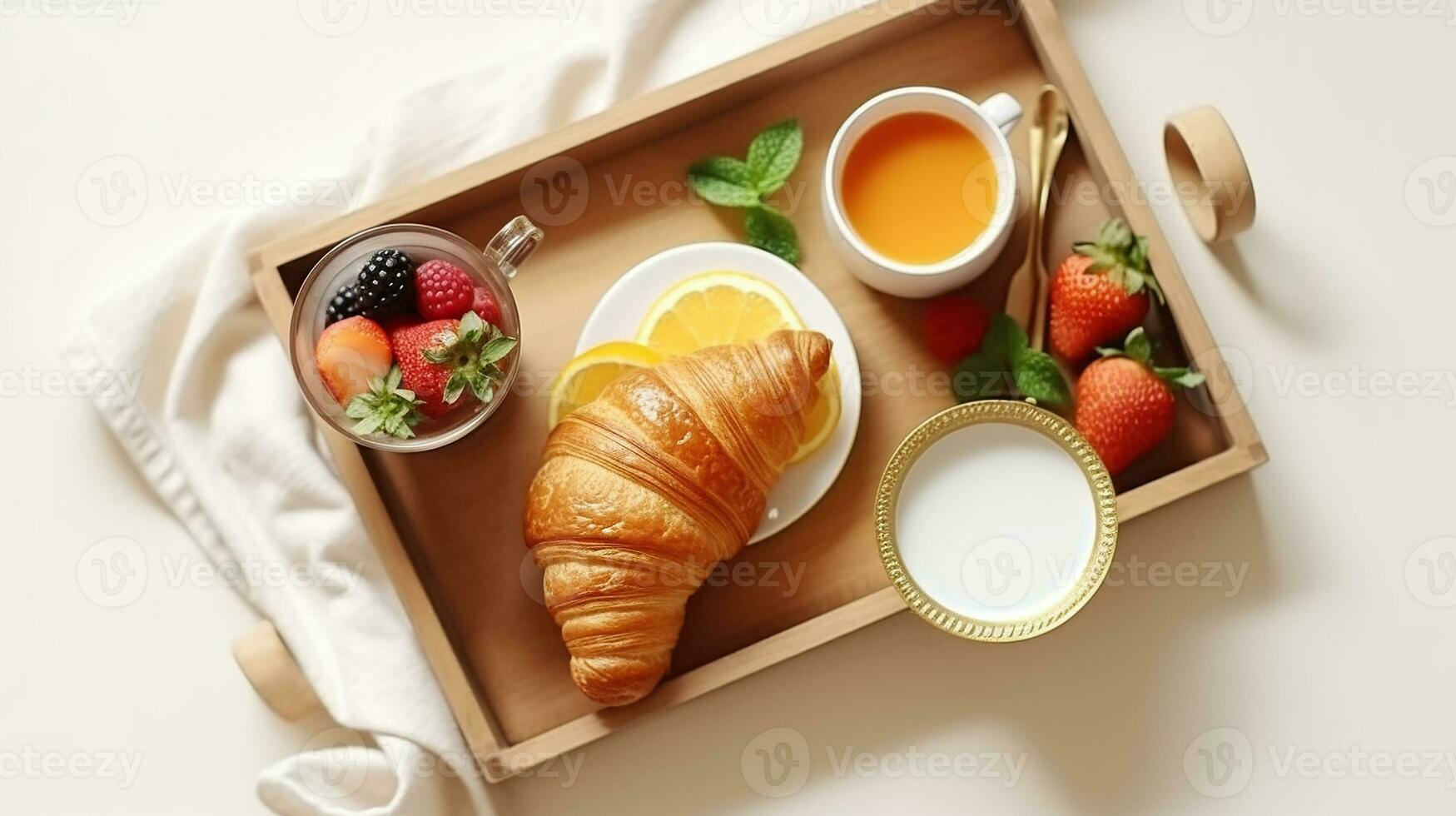 Breakfast in bed tray with cup of coffee, fresh french croissant and fruits on white sheet top view, Generative AI photo