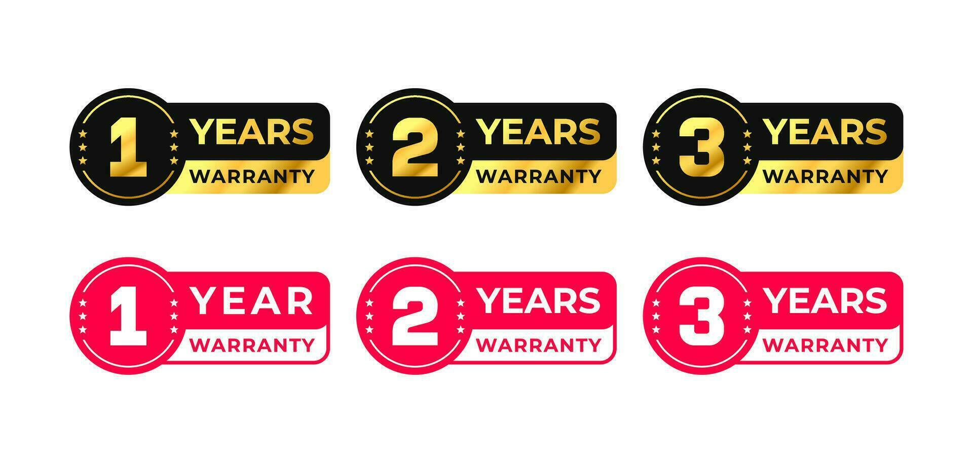 1, 2, 3 Years Warranty label with gold color. One, two, three, red warranty badge. for icon, logo, symbol, sign, label, sticker,  stamp, banner, tag, text, badge, emblem, seal. Vector illustration