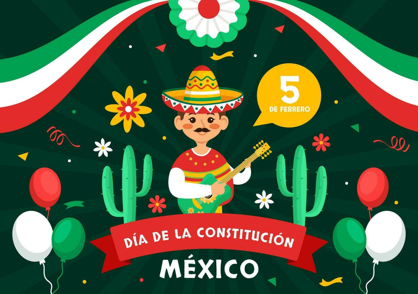 Dia De La Constitucion Vector Illustration. Translation Happy Constitution Day of Mexico on February 5 with Mexican Hat and Waving Flag Background