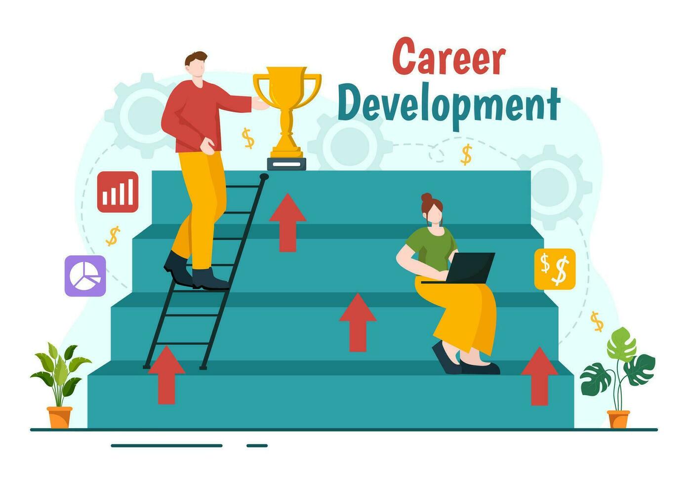 Career Development Vector Illustration with Ladder to Success and Growing Revenue on Improve Bar Graph in Business Goal Flat Background Design