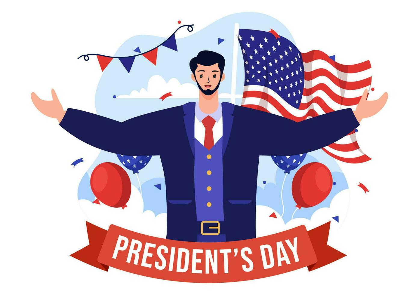 contento presidentes día vector ilustración en 19 febrero con presidente America y Estados Unidos bandera en plano dibujos animados antecedentes diseño