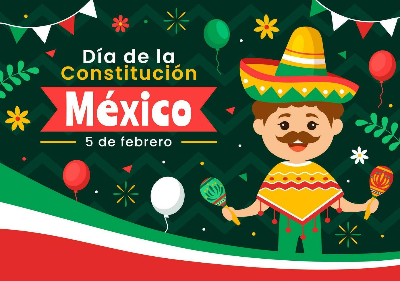 Dia De La Constitucion Vector Illustration. Translation Happy Constitution Day of Mexico on February 5 with Mexican Hat and Waving Flag Background