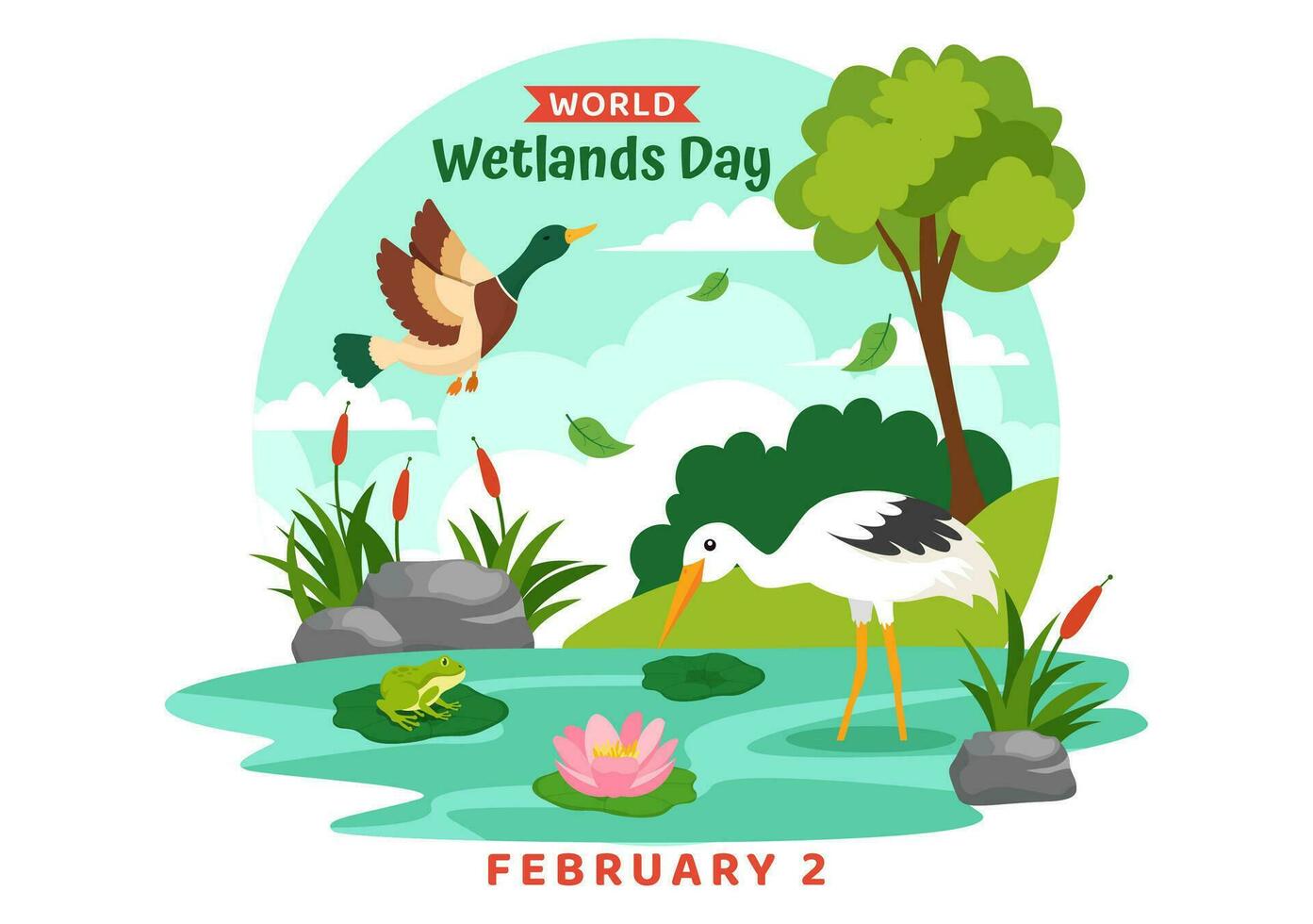 mundo humedales día vector ilustración en 2 febrero con cigüeña animales y jardín antecedentes en fiesta celebracion plano dibujos animados diseño