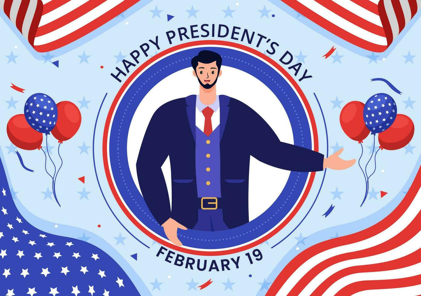 contento presidentes día vector ilustración en 19 febrero con presidente America y Estados Unidos bandera en plano dibujos animados antecedentes diseño