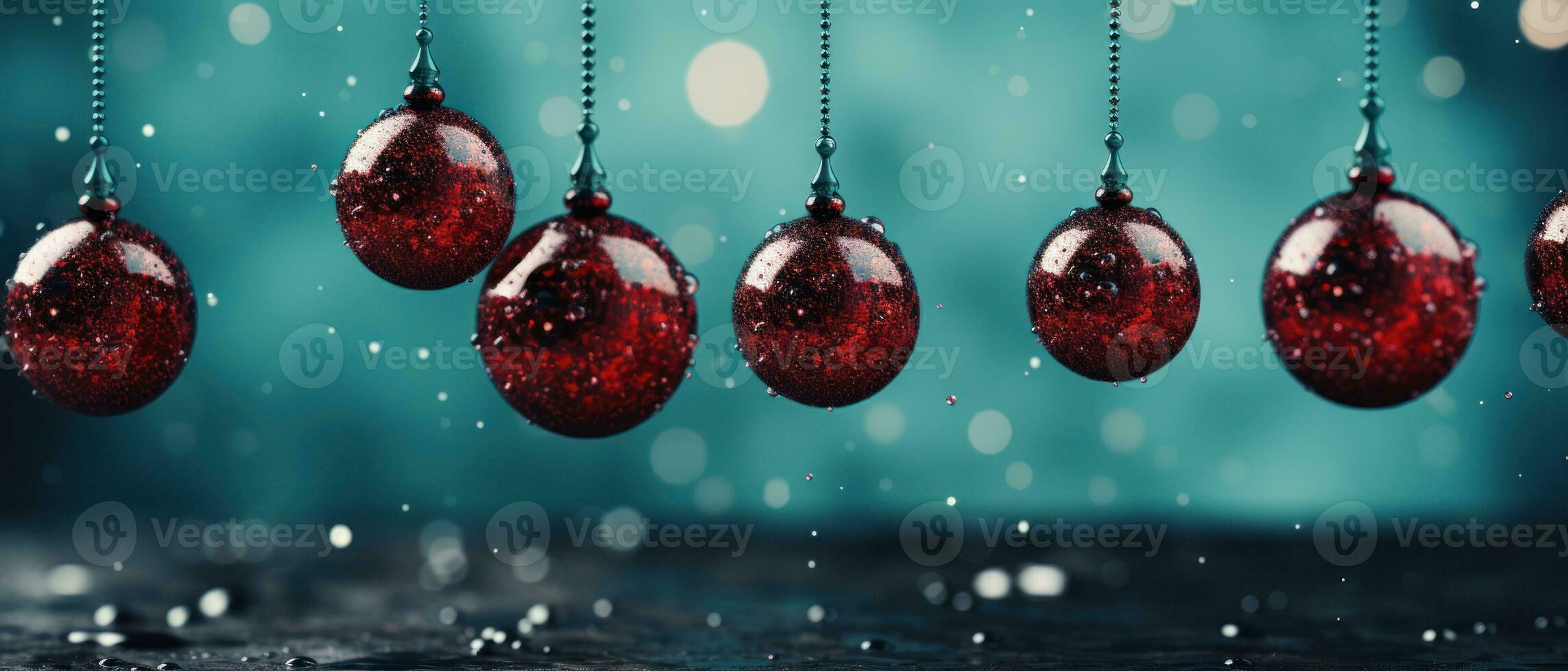 christmas baubles in the snow, holiday balls hanging, christmas background, ai generative photo