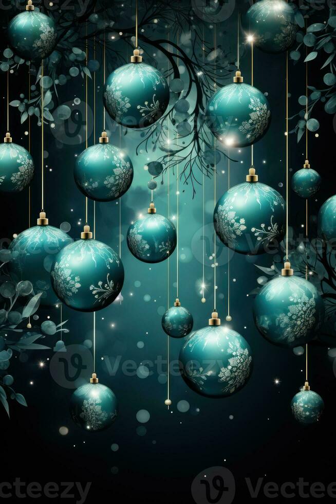 christmas baubles in the snow, holiday balls hanging, christmas background, ai generative photo