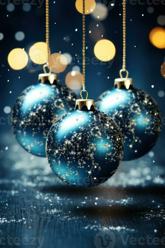 christmas baubles in the snow, holiday balls hanging, christmas background, ai generative photo