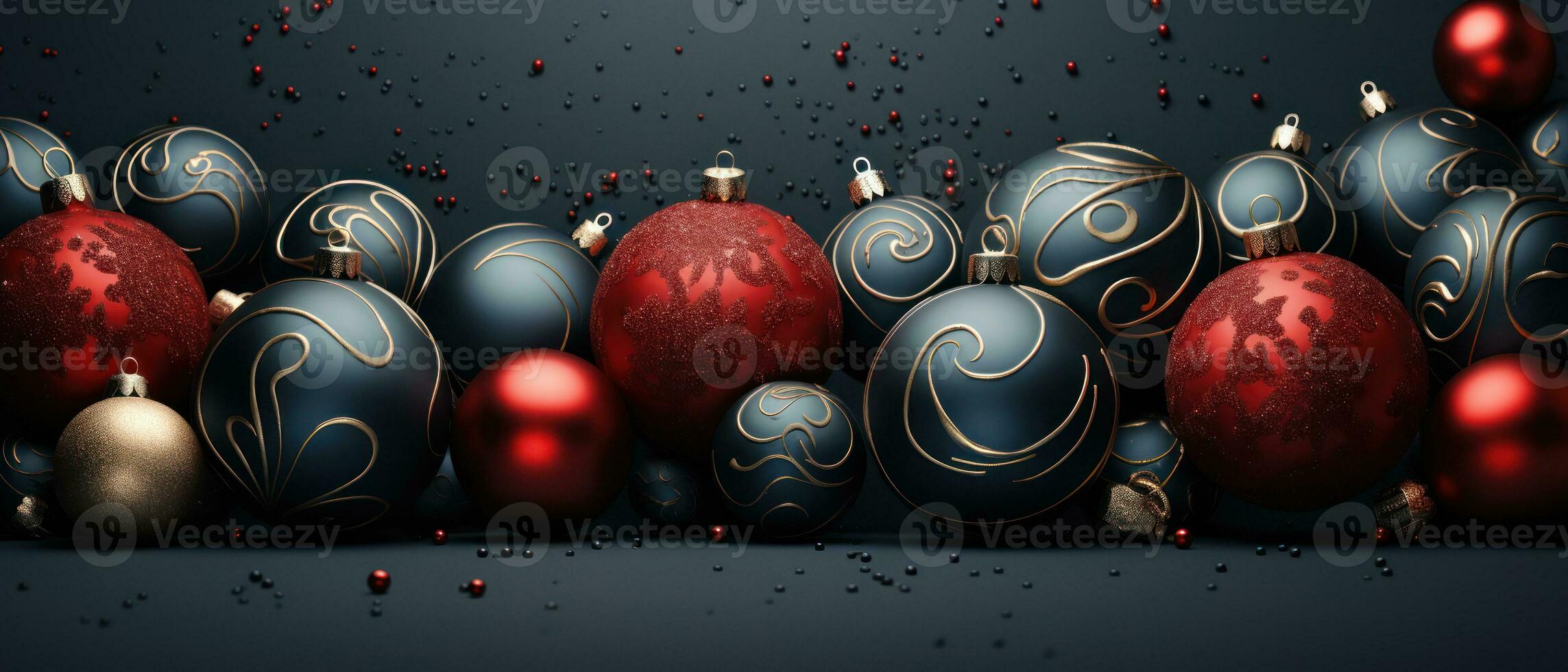 christmas baubles in the snow, holiday balls hanging, christmas background, ai generative photo