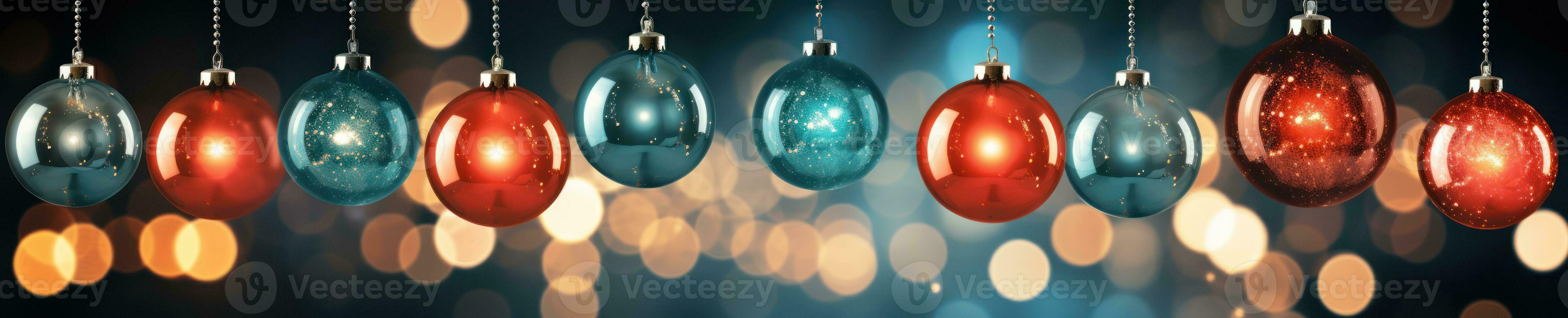 christmas baubles in the snow, holiday balls hanging, christmas background, ai generative photo