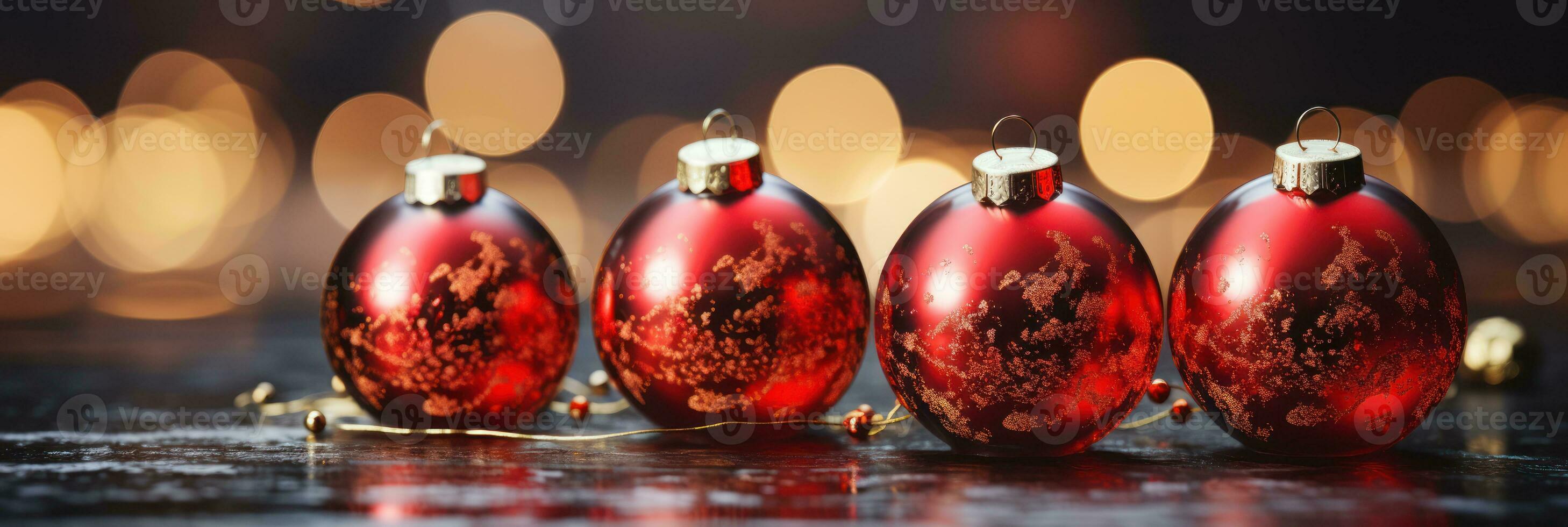 christmas baubles in the snow, holiday balls hanging, christmas background, ai generative photo