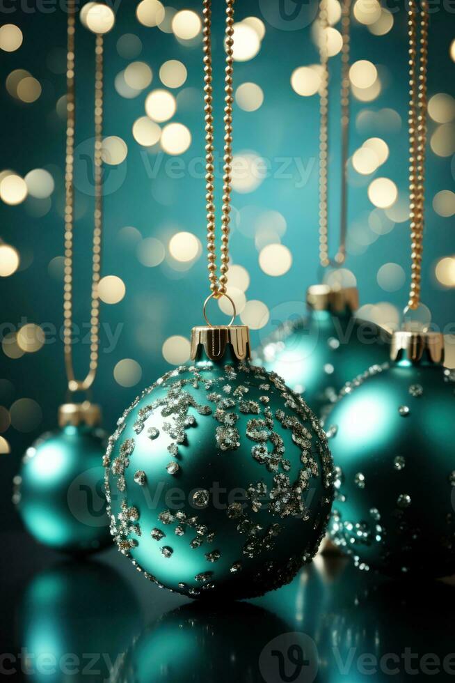 christmas baubles in the snow, holiday balls hanging, christmas background, ai generative photo