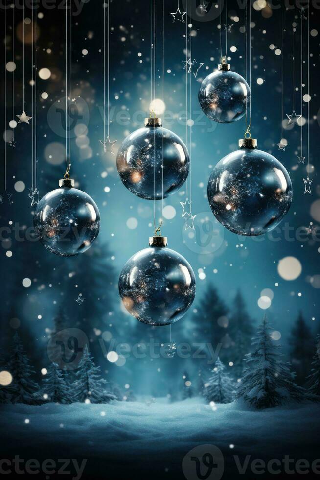 christmas baubles in the snow, holiday balls hanging, christmas background, ai generative photo