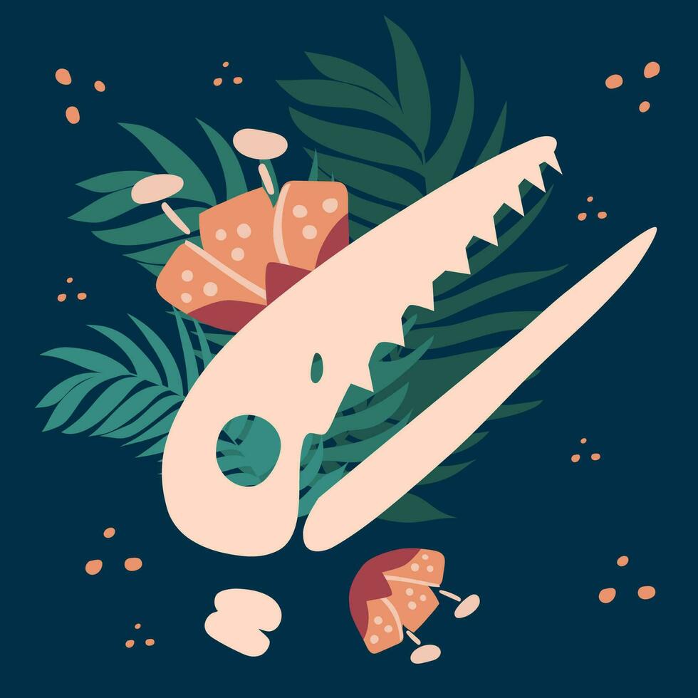 Vector illustration of a dinosaur skull with a flower.