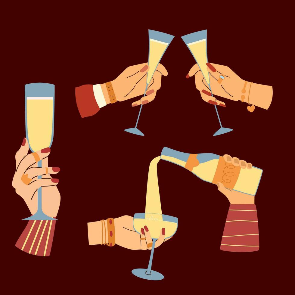 A set of hands with glasses of champagne. People clink glasses. A hand pours champagne into a glass. vector