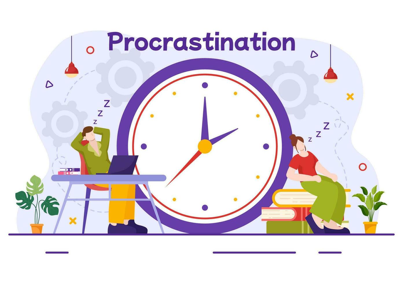 Procrastination Vector Illustration with Procrastinating Lazy Businessman Employees work of office worker in Flat Business Cartoon Background