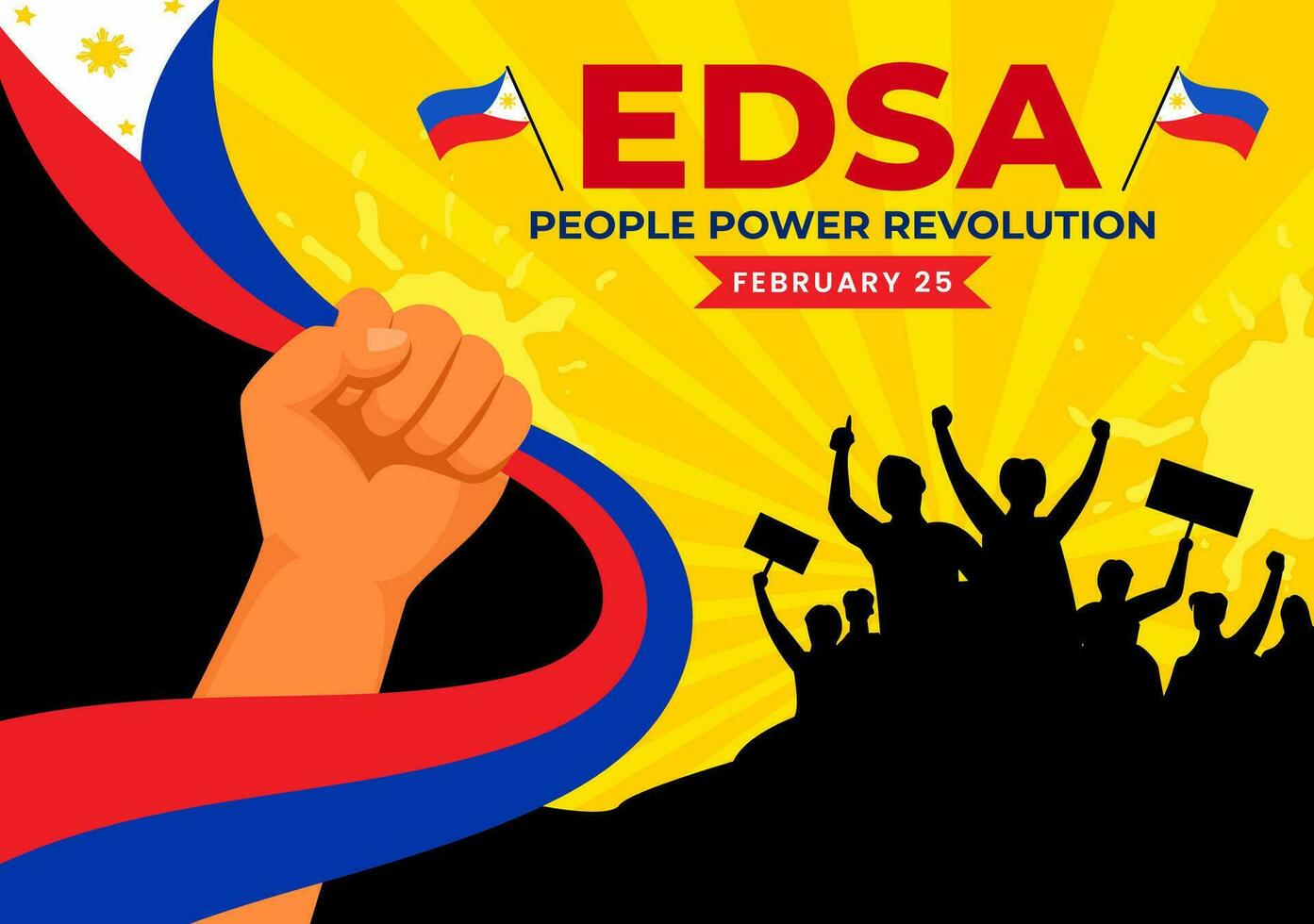 edsa personas poder revolución aniversario de filipino vector ilustración en febrero 25 con Filipinas bandera en fiesta plano dibujos animados antecedentes