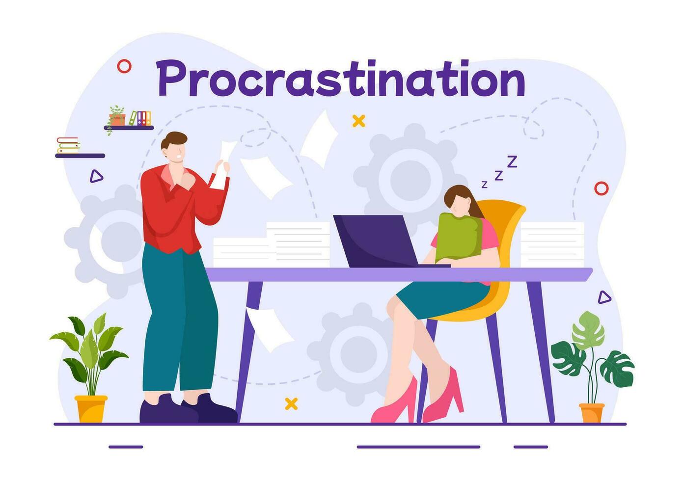 Procrastination Vector Illustration with Procrastinating Lazy Businessman Employees work of office worker in Flat Business Cartoon Background