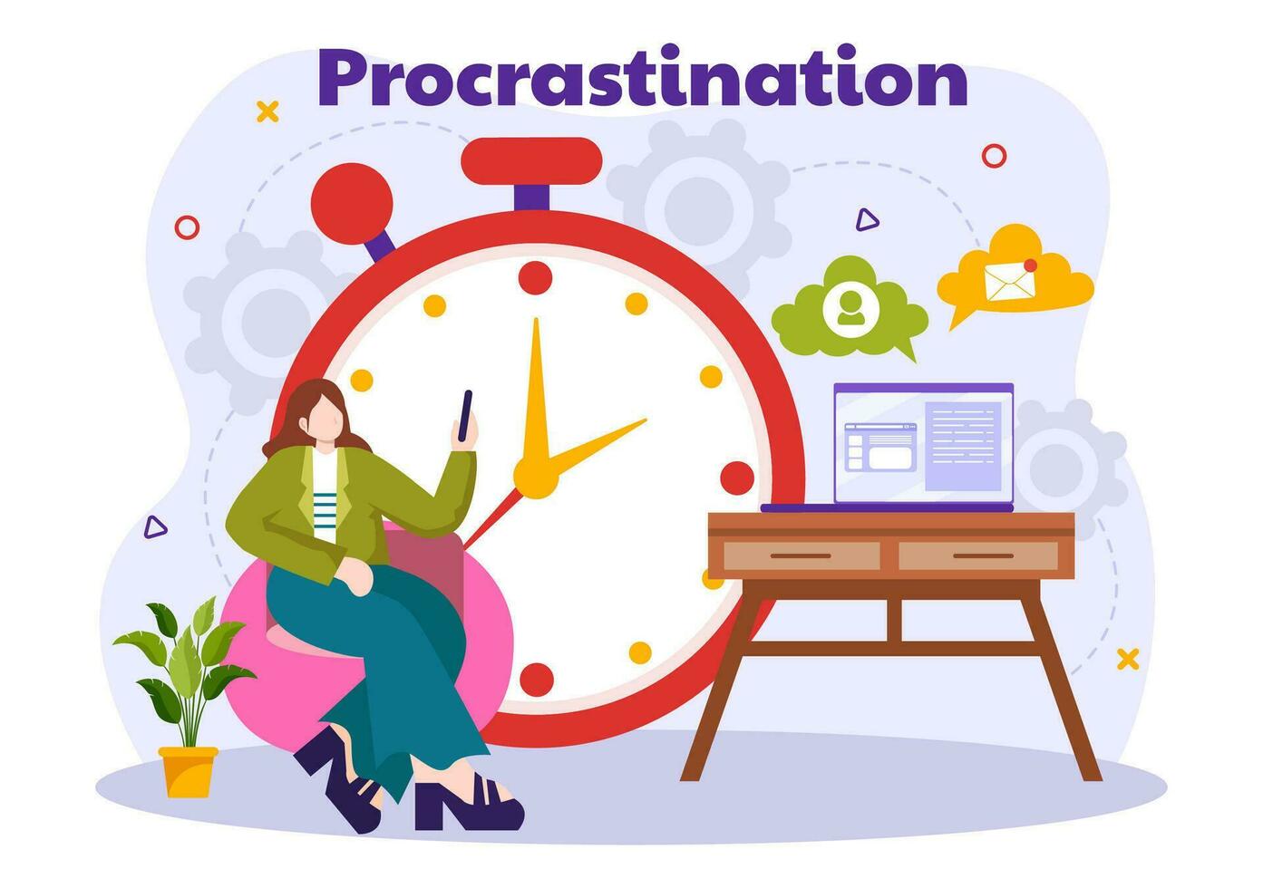 Procrastination Vector Illustration with Procrastinating Lazy Businessman Employees work of office worker in Flat Business Cartoon Background