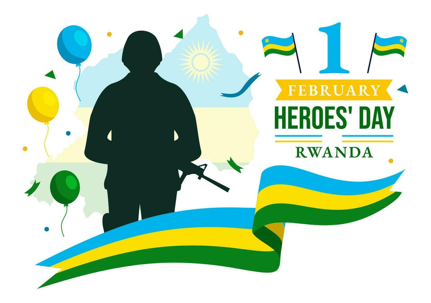 Ruanda héroes día vector ilustración en febrero 1 con ruandes bandera y soldado monumento quien luchado en nacional fiesta dibujos animados antecedentes