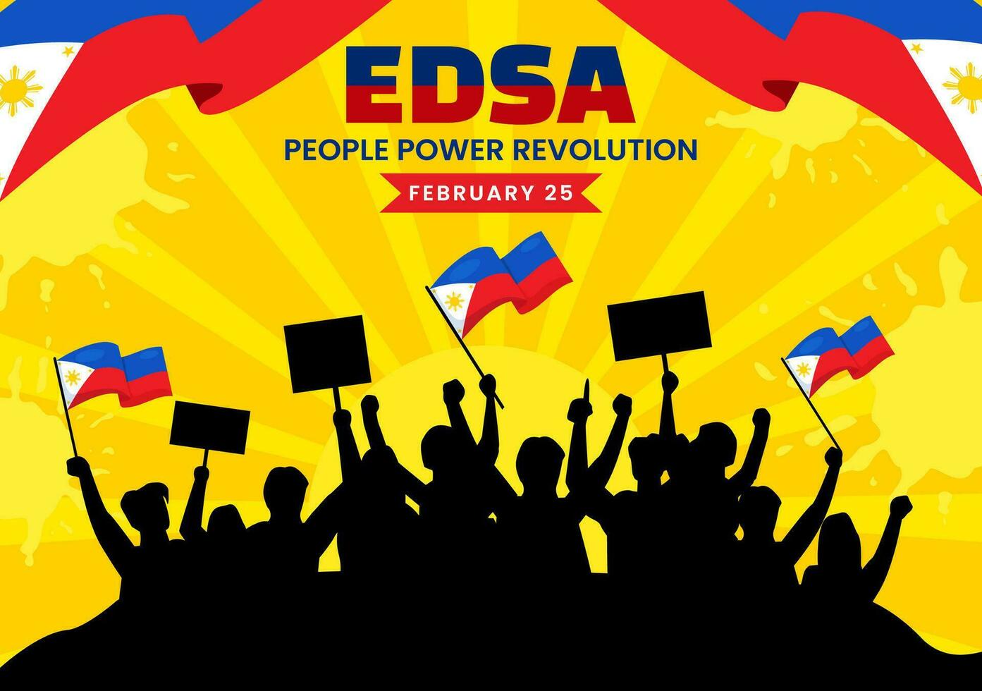 edsa personas poder revolución aniversario de filipino vector ilustración en febrero 25 con Filipinas bandera en fiesta plano dibujos animados antecedentes