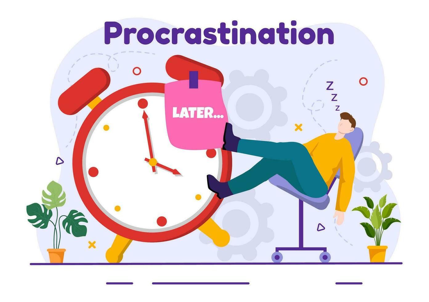 Procrastination Vector Illustration with Procrastinating Lazy Businessman Employees work of office worker in Flat Business Cartoon Background