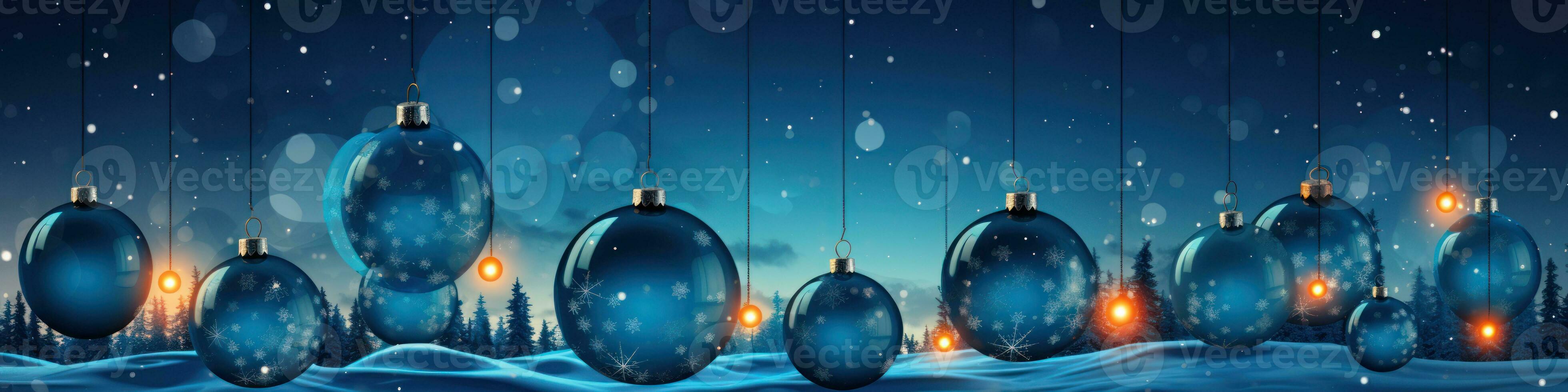 christmas baubles in the snow, holiday balls hanging, christmas background, ai generative photo