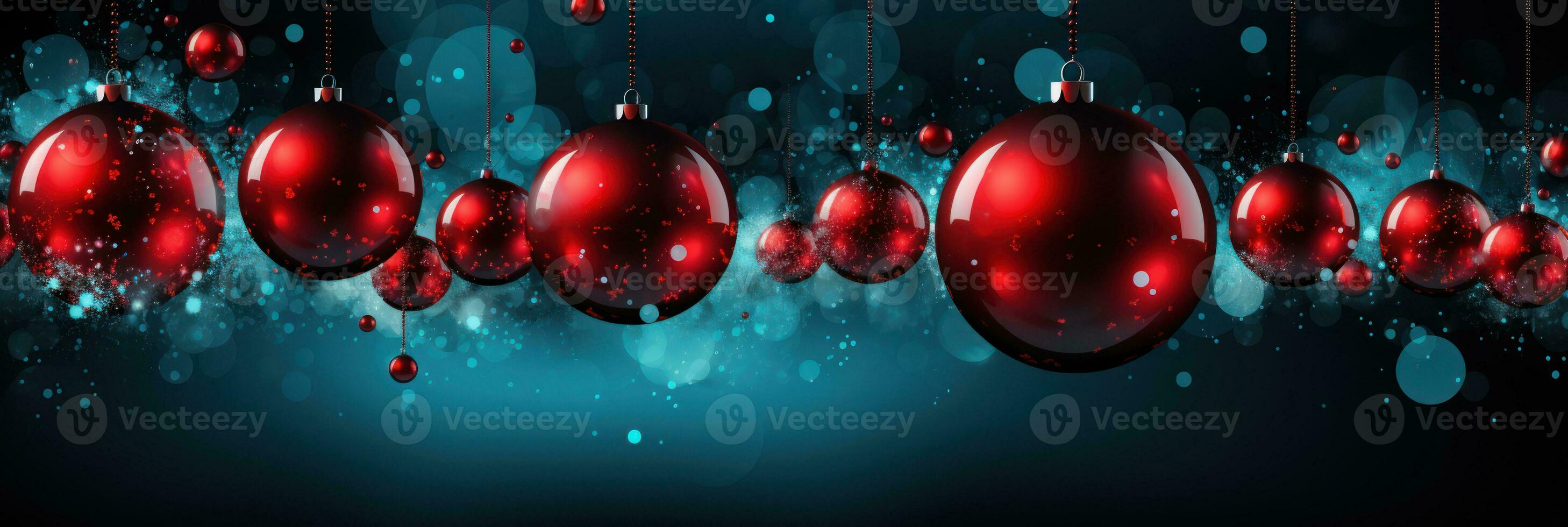 christmas baubles in the snow, holiday balls hanging, christmas background, ai generative photo