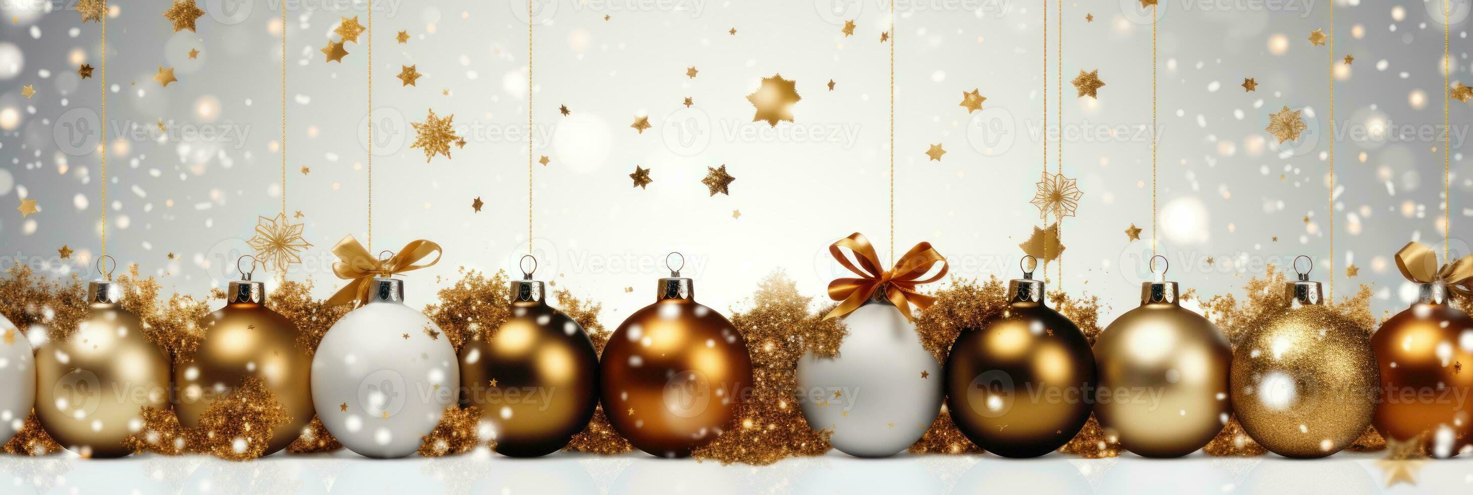 christmas baubles in the snow, holiday balls hanging, christmas background, ai generative photo