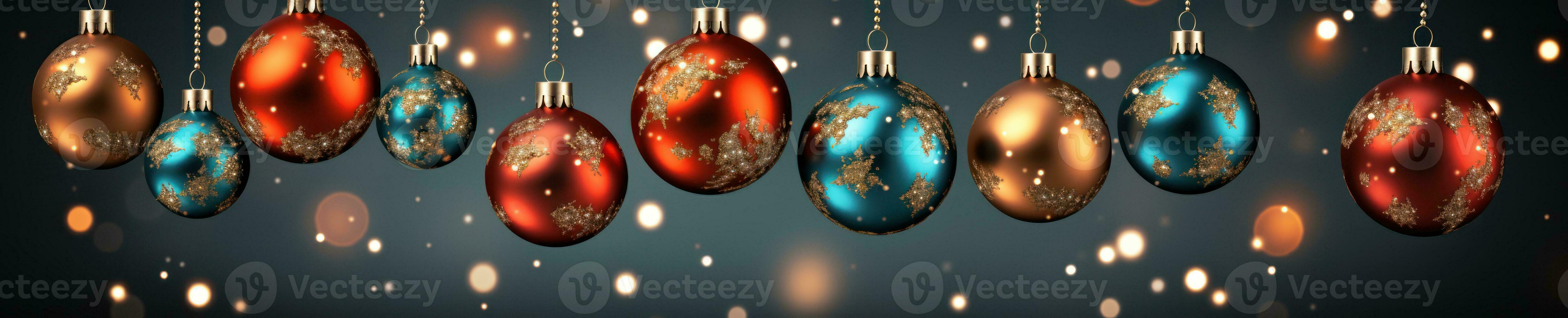 christmas baubles in the snow, holiday balls hanging, christmas background, ai generative photo