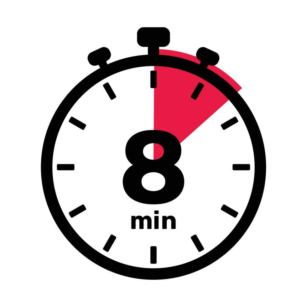 8 Minutes Analog Clock Icon white background. vector