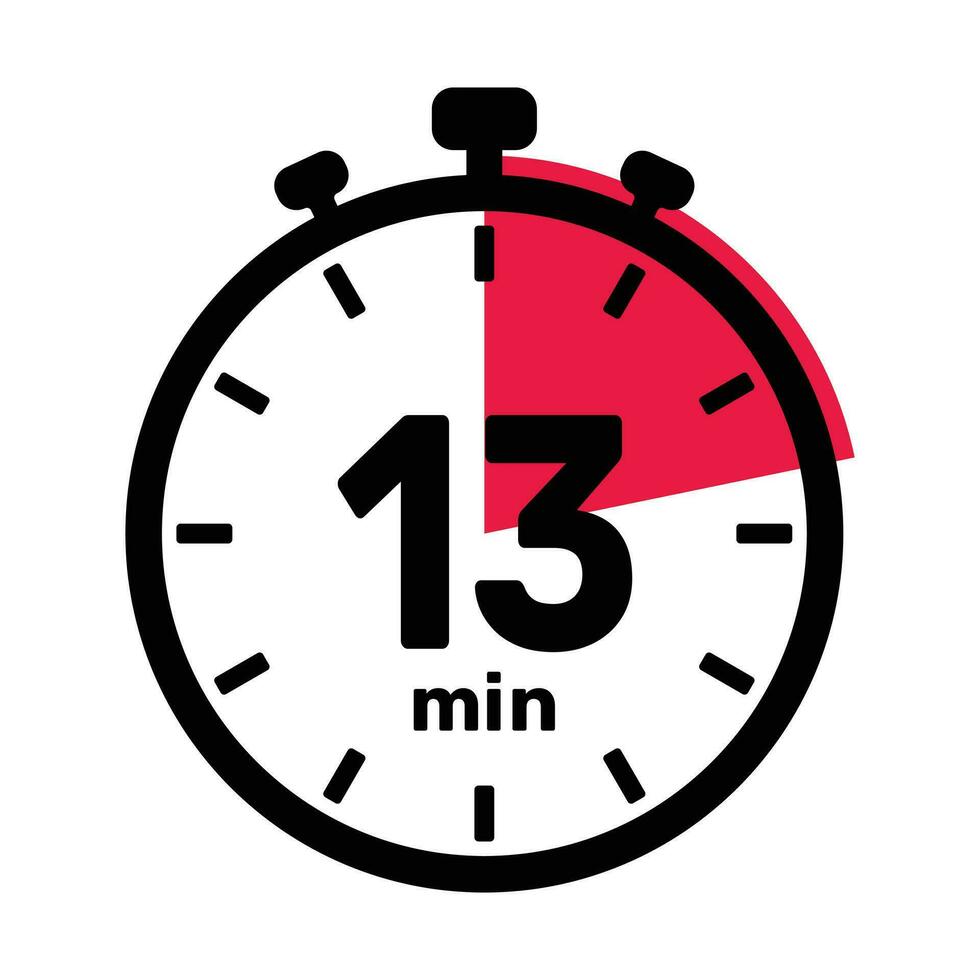 13 Minutes Analog Clock Icon white background. vector