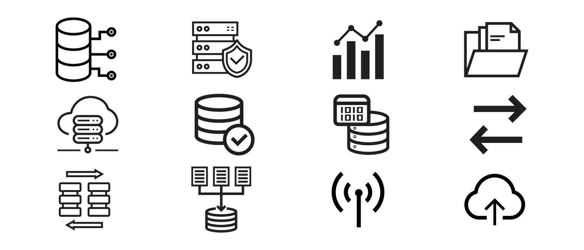 datos centrar icono conjunto terminado blanco fondo, línea estilo, vector ilustración