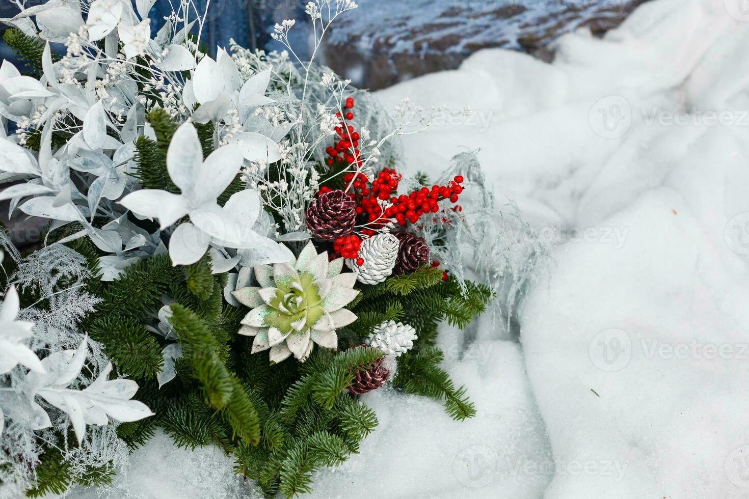 Christmas background with decorative star, fir branches and pine cones photo