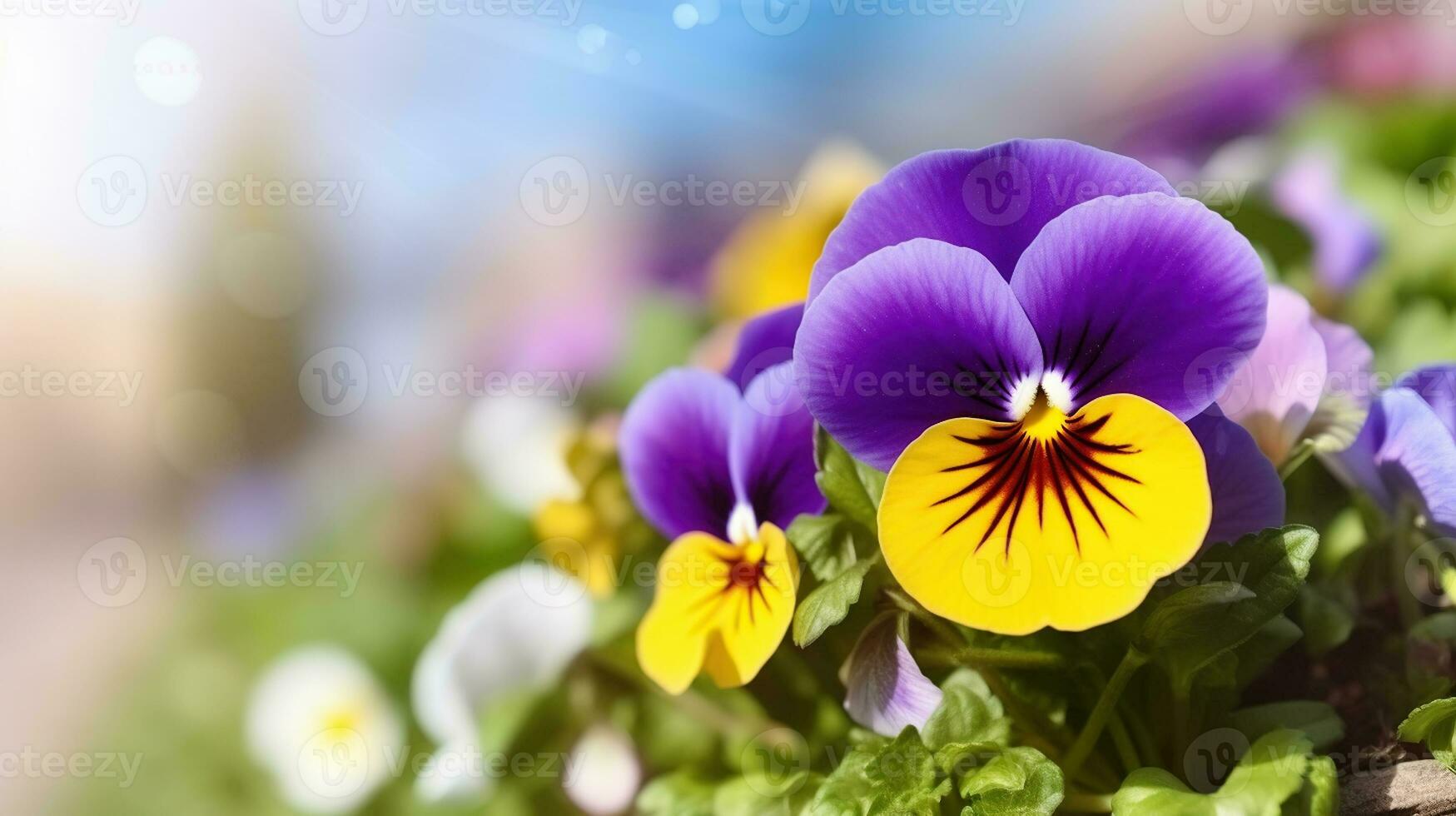 Closeup on pansy flower at sunny day, Generative AI photo