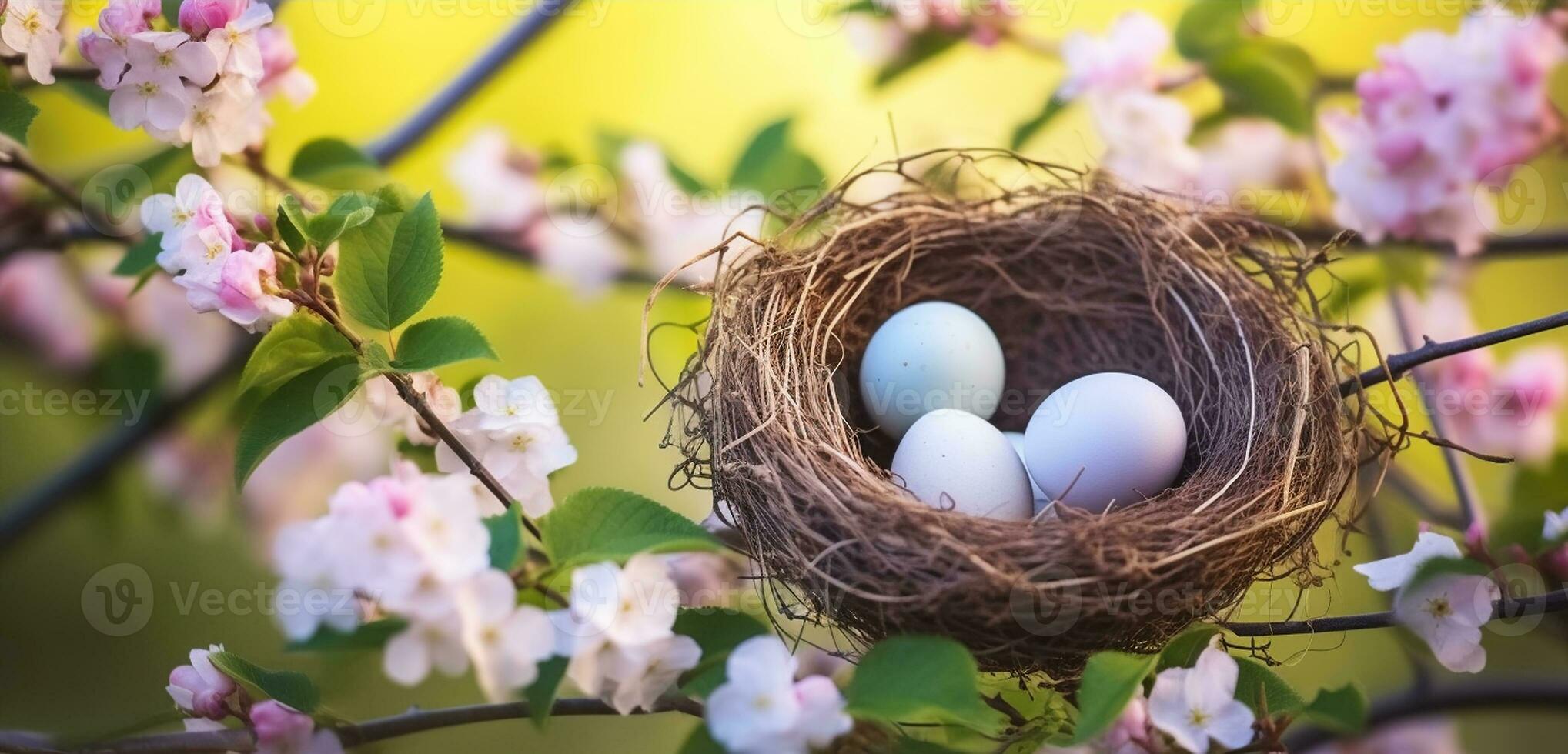 Bird nest in a flowering tree with easter eggs for Easter, Generative AI photo