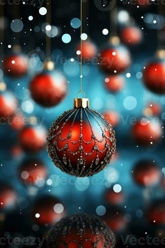 christmas baubles in the snow, holiday balls hanging, christmas background, ai generative photo