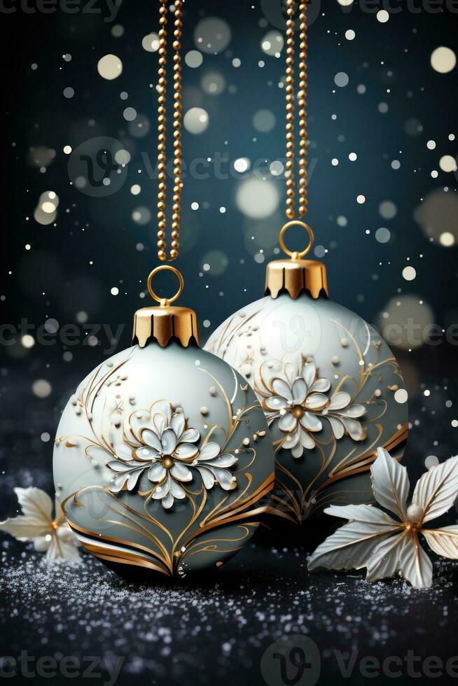 christmas baubles in the snow, holiday balls hanging, christmas background, ai generative photo