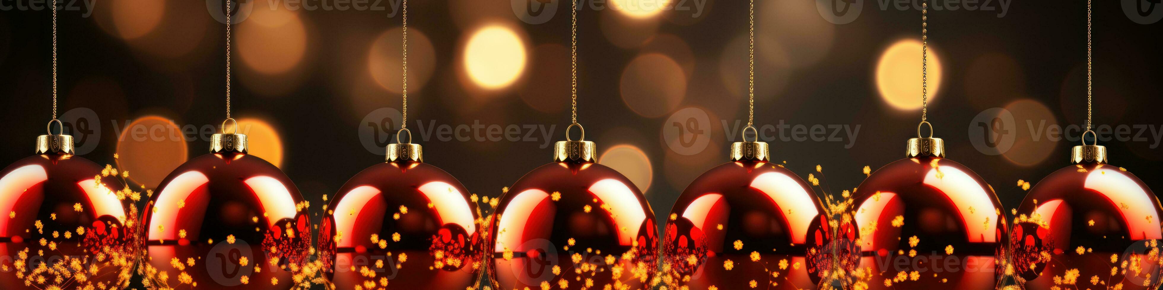 christmas baubles in the snow, holiday balls hanging, christmas background, ai generative photo