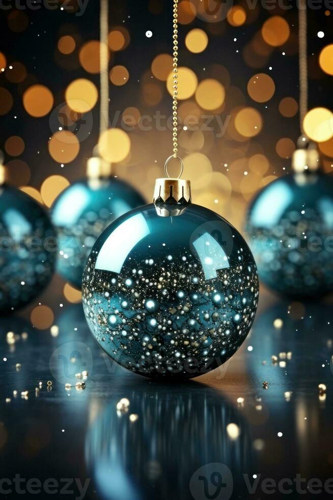 christmas baubles in the snow, holiday balls hanging, christmas background, ai generative photo