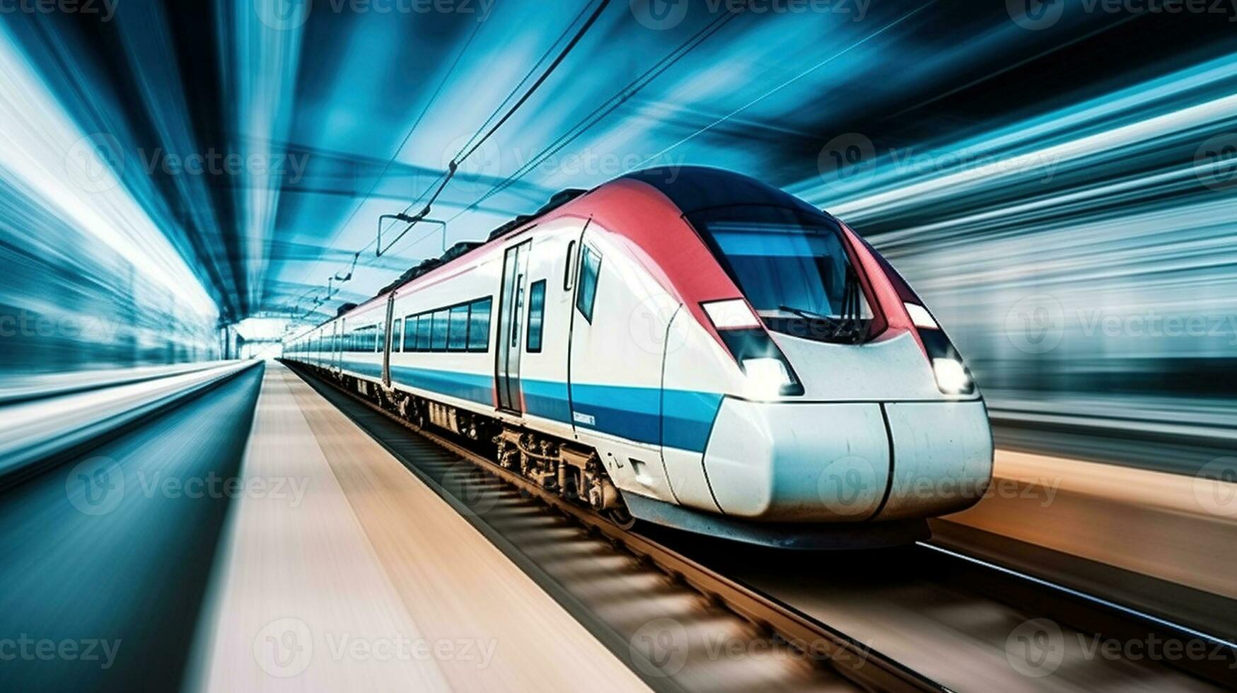 A High-Speed Train Blazes Through Rail Tracks with Impressive Speed. Generative AI photo