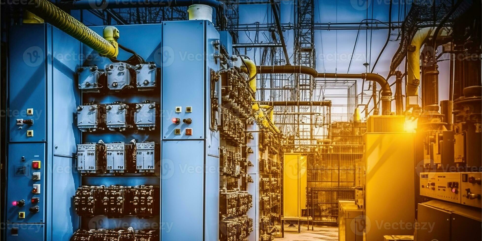 High Voltage electric substation with transformers. Generative AI photo