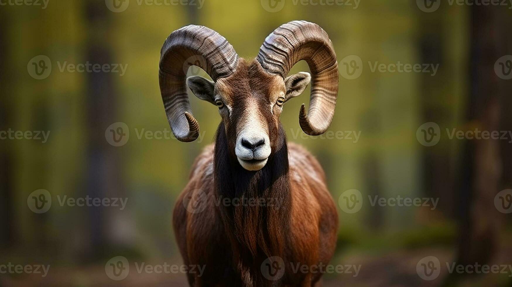 Portrait of a Mouflon, Ovis orientalis, in its Natural Forest Habitat, Showcasing Impressive Horns, Generative AI photo