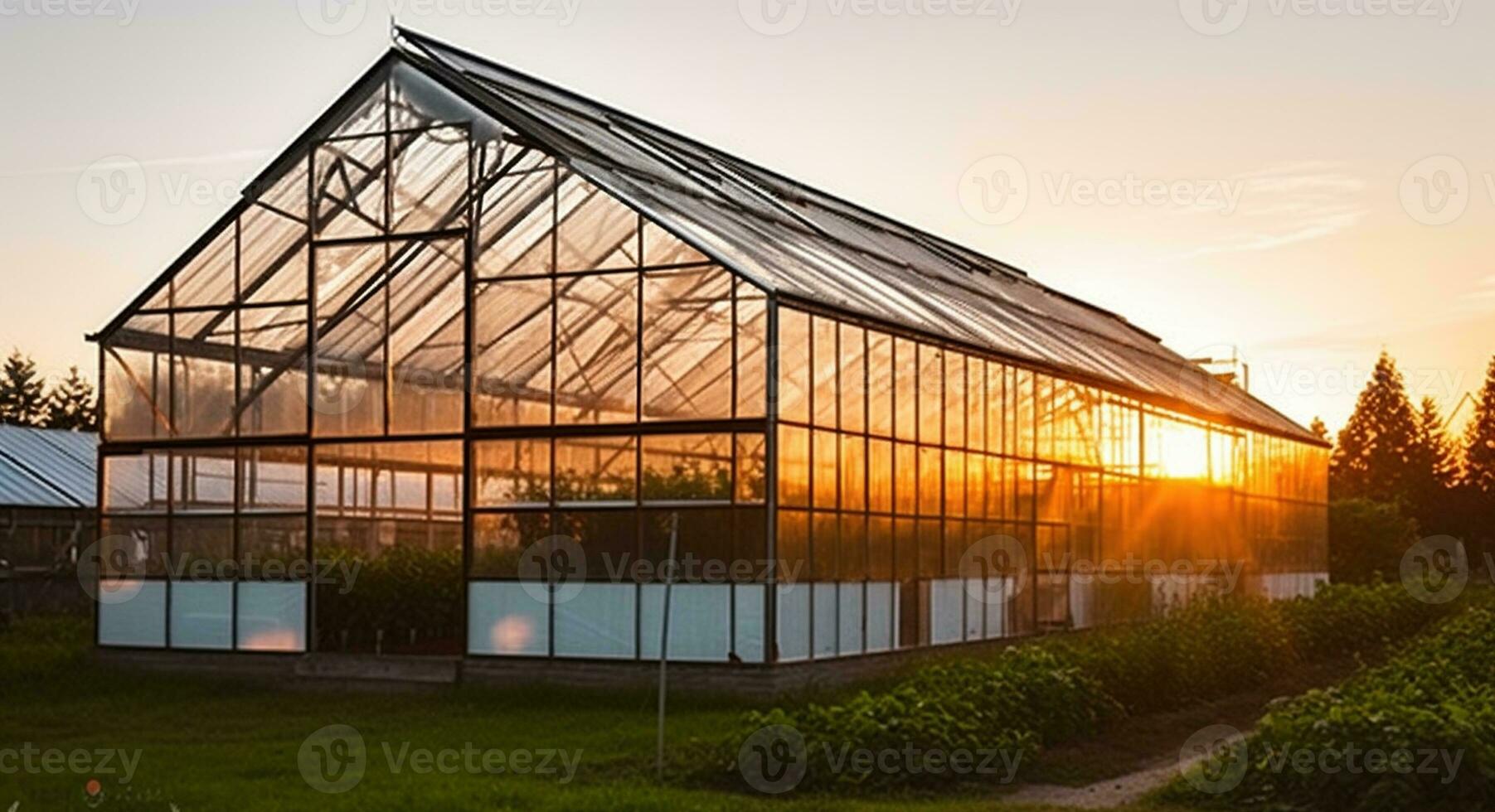 Front view of a greenhouse at sunset. Generative AI photo