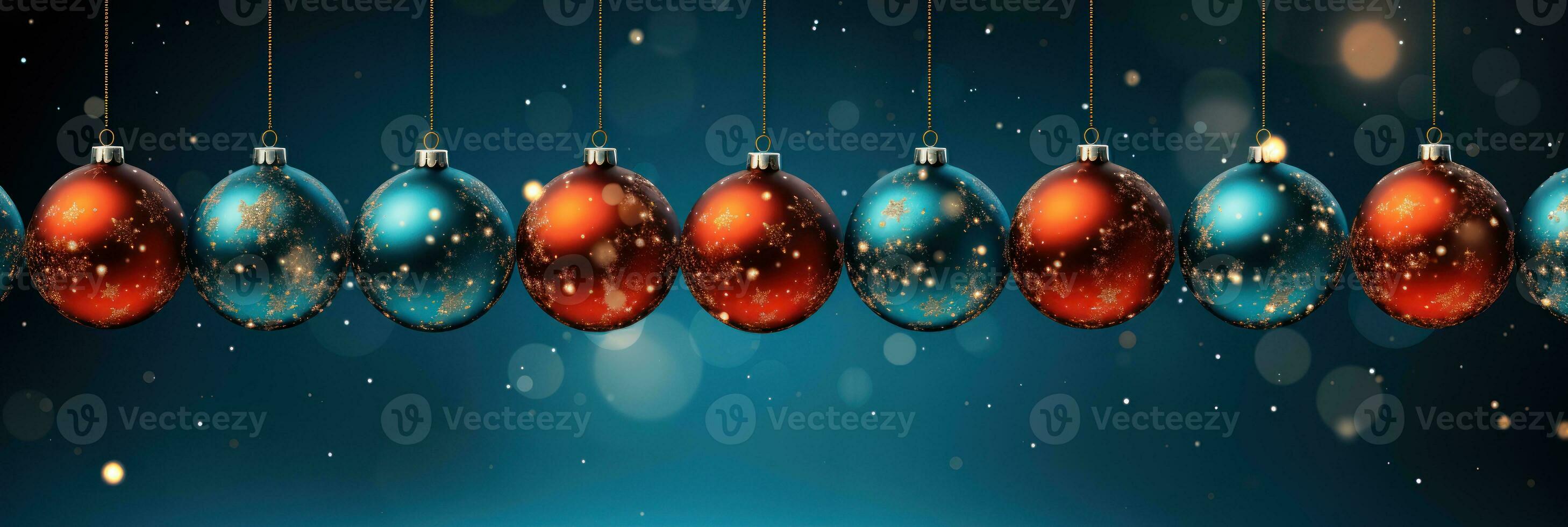 christmas baubles in the snow, holiday balls hanging, christmas background, ai generative photo
