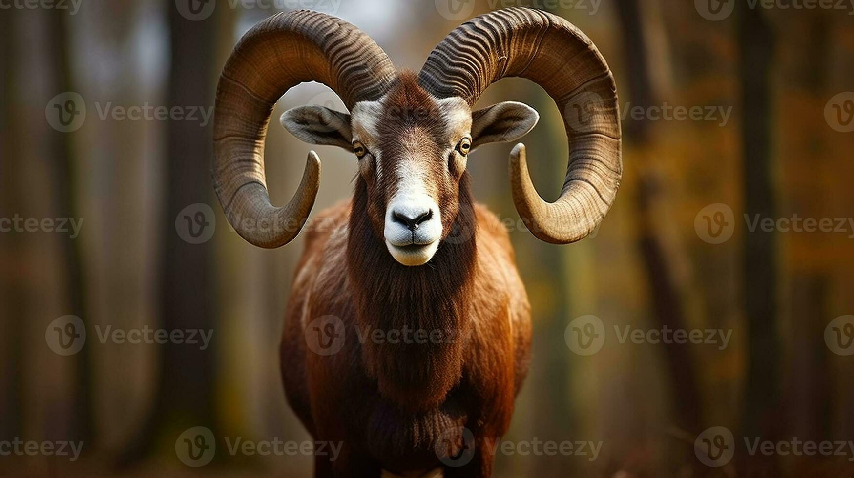 muflón, ovis orientales, bosque con cuernos animal en el naturaleza hábitat, retrato de mamífero con grande cuernos, generativo ai foto