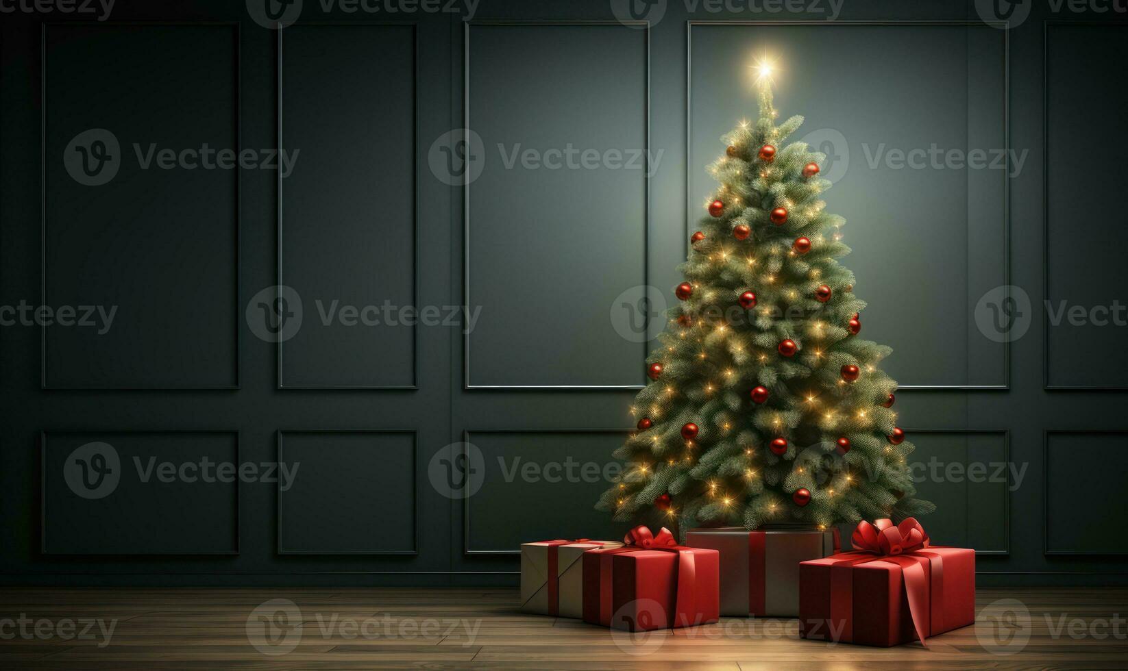 christmas tree is with presents,  large christmas tree, lights of christmas tree in the room christmas decoration, ai generative photo