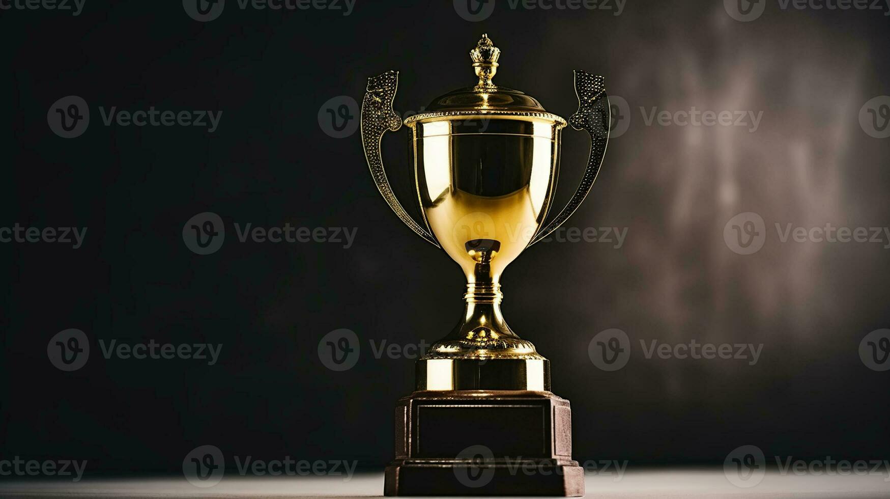 A Trophy over wooden table and dark background, Generative AI photo