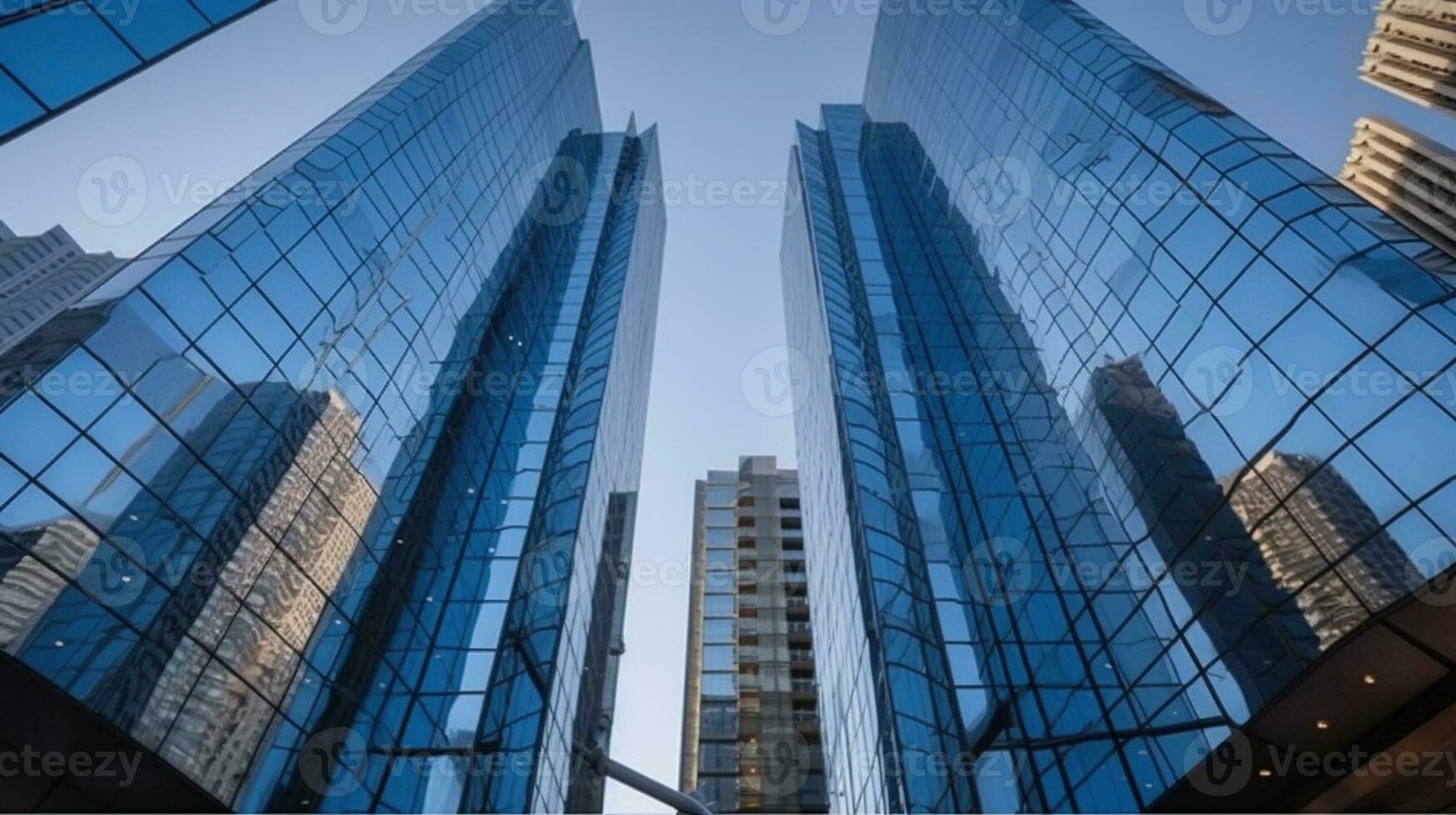 A Office building next to contemporary high rise structures with glass mirrored walls in city against cloudless blue sky. Generative AI photo